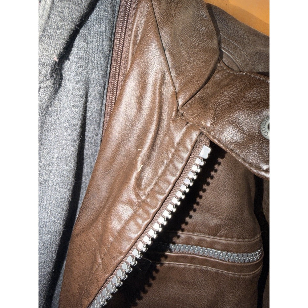 Guess Faux Leather Hooded Moto Jacket Removable Hood Brown Gray Men's XL Zip - Picture 6 of 11